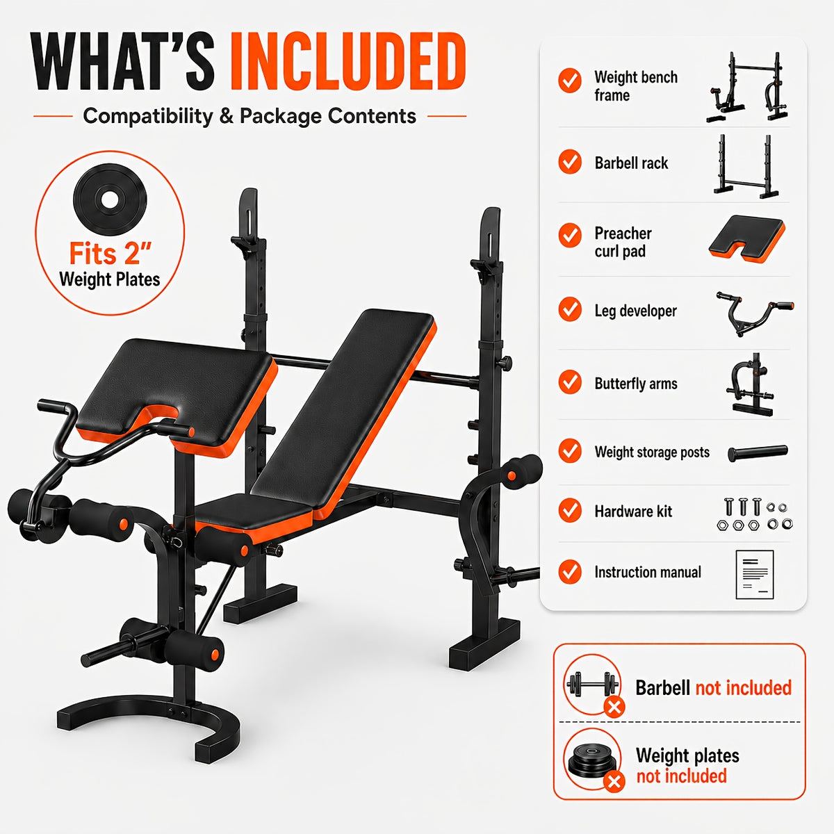 6-In-1 Professional Fitness Bench Set for Leg Extension, All-In-One Adjustable Weight Bench Full Body Strength Training, with Squat Rack, for leg Developer & Preacher Curl Pad, Ideal for Home Gym Use (Barbell Not Included)