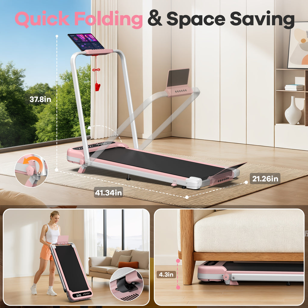 Folding Treadmill With 10% Incline, 4 In 1 Treadmills For Home & Office, Portable Compact Treadmills, 3.0 HP Under Desk Treadmill, Remote Control, LED Display, No Assembly, Without Battery