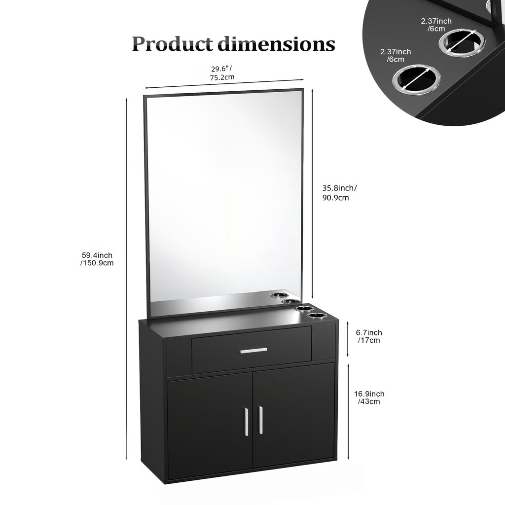 OmySalon Wall Mount Salon Station with Mirror, Hair Styling Barber Station, Beauty Salon Spa Equipment with 1 Drawer, 1 Storage Cabinet, 2 Hair Dryer Holders, Black