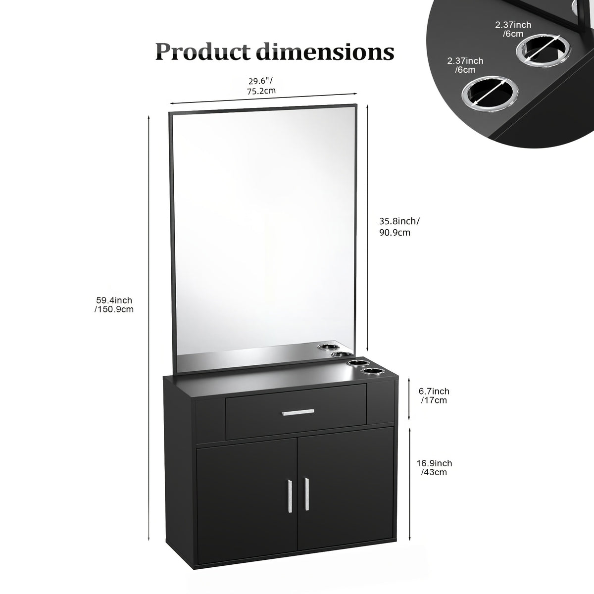 OmySalon Wall Mount Salon Station with Mirror, Hair Styling Barber Station, Beauty Salon Spa Equipment with 1 Drawer, 1 Storage Cabinet, 2 Hair Dryer Holders, Black