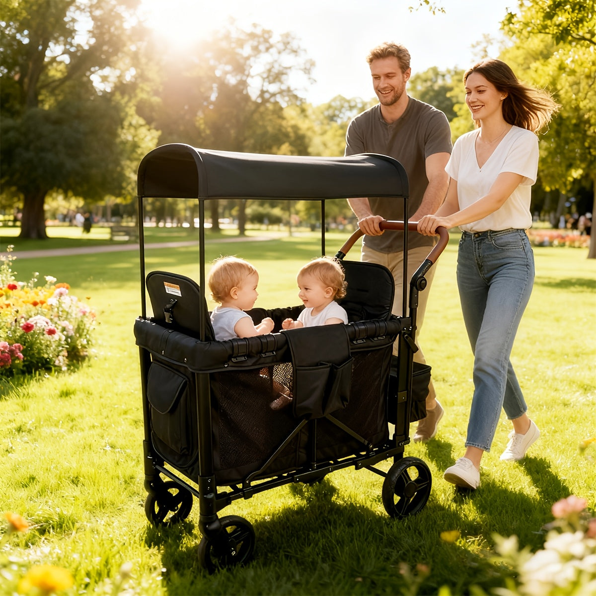 All-Terrain Stroller Wagon for 2 Kids (Available In Gray & Black) | Heavy-Duty Foldable Cart with Canopy, Snack Tray & 5-Point Harness | for Beach, Park, Family Adventures
