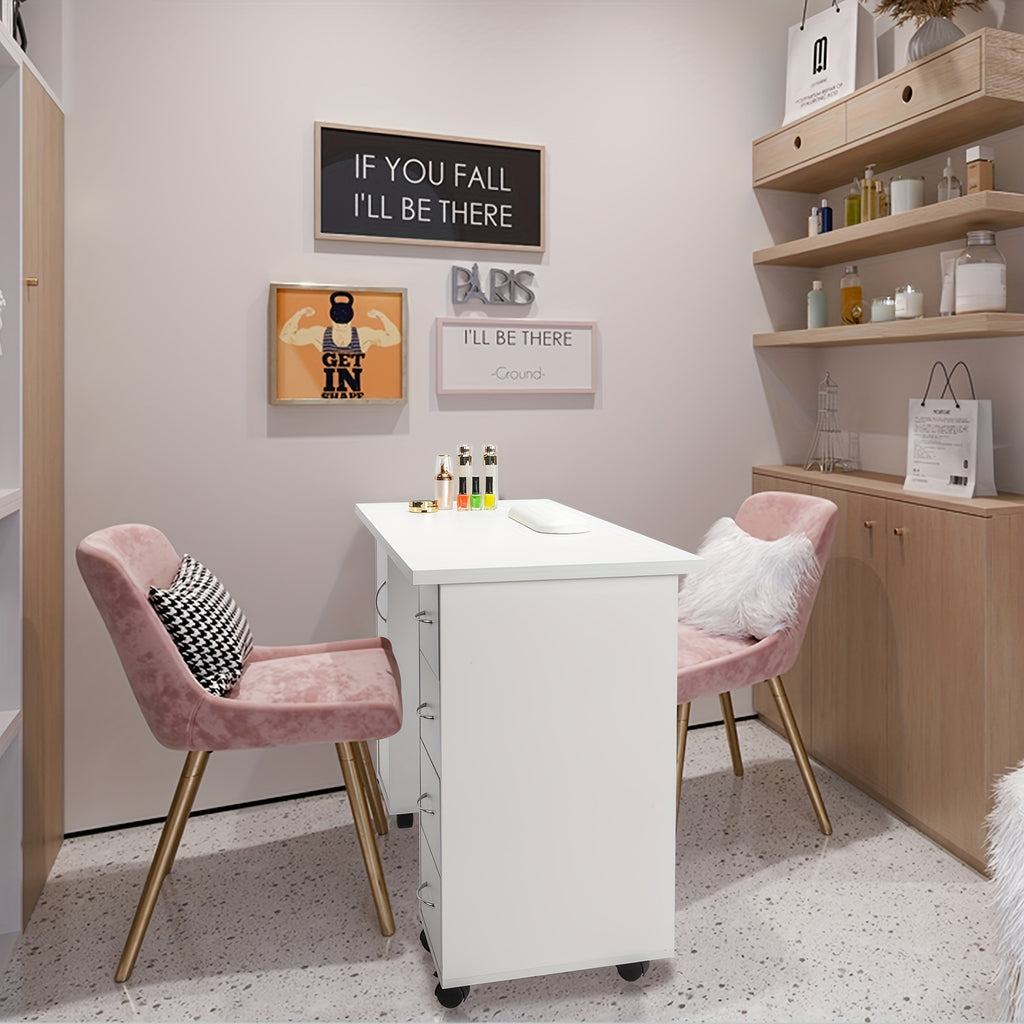 White/Black Melamine Laminate Textured Particle Board Nail Table, 47.2" X 21.3" X 31.9" 1-Door 4-Drawer Design, Ventilation-Free Manicure Station