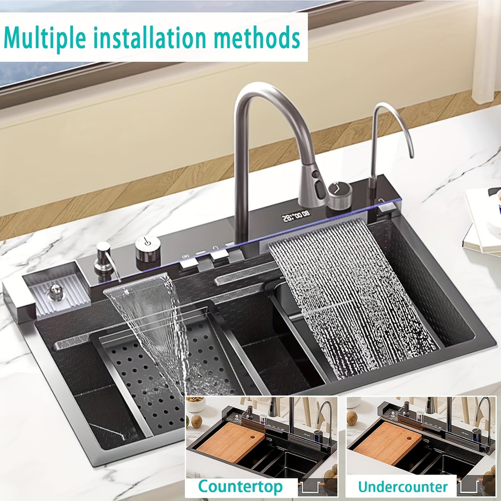 Kitchen Sink Double Waterfall Sink with LED Display with Cup Washer, Soap Dispenser, Waterfall Mixer, Worktop Controller, Etc. Workstation Kitchen Sink
