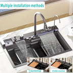 Kitchen Sink Double Waterfall Sink with LED Display with Cup Washer, Soap Dispenser, Waterfall Mixer, Worktop Controller, Etc. Workstation Kitchen Sink