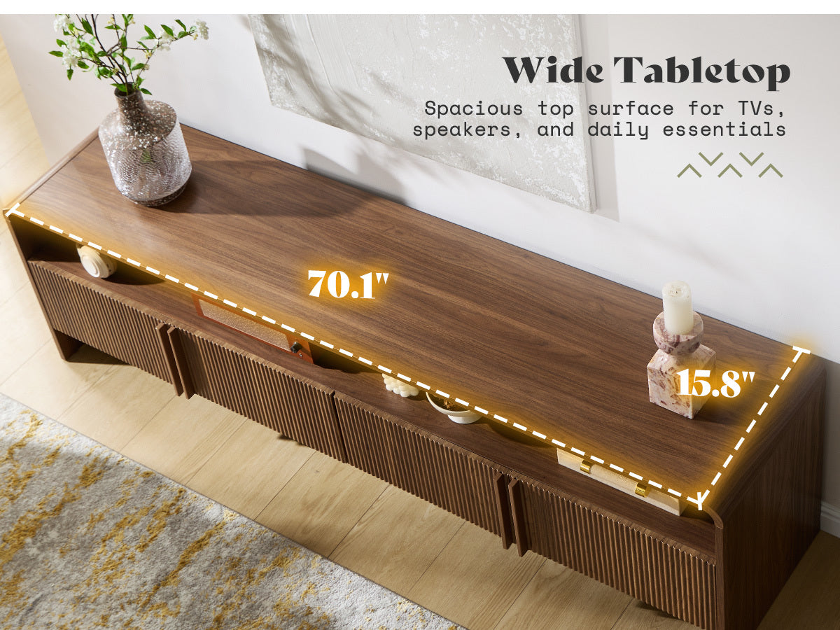 70 inch Fluted TV Console | Modern Wood Entertainment Media Console for TVs up to 80", with Storage Cabinets, by LUXOAK