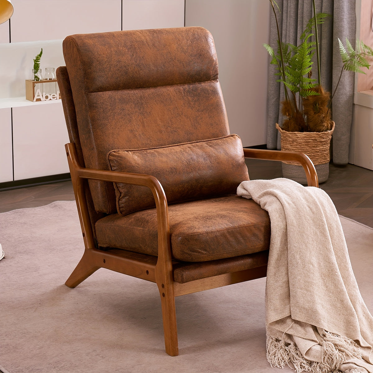 High Back Mid Century Modern Accent Chair, Soild Wood Padding Lounge Armchairs Side Sitting Chairs For Living Room, Bedroom
