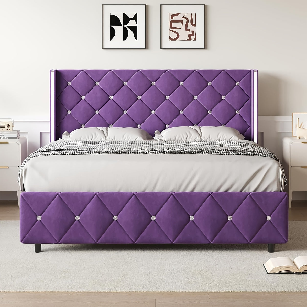 Twin Full Queen King Size Bed Frame, Upholstered Bed Frame with Diamond Tufted Headboard, Modern Silvery Side Wing Back, No Box Spring Needed, Easy Assembly, Purple, Black, Blue, Green, Pink, White