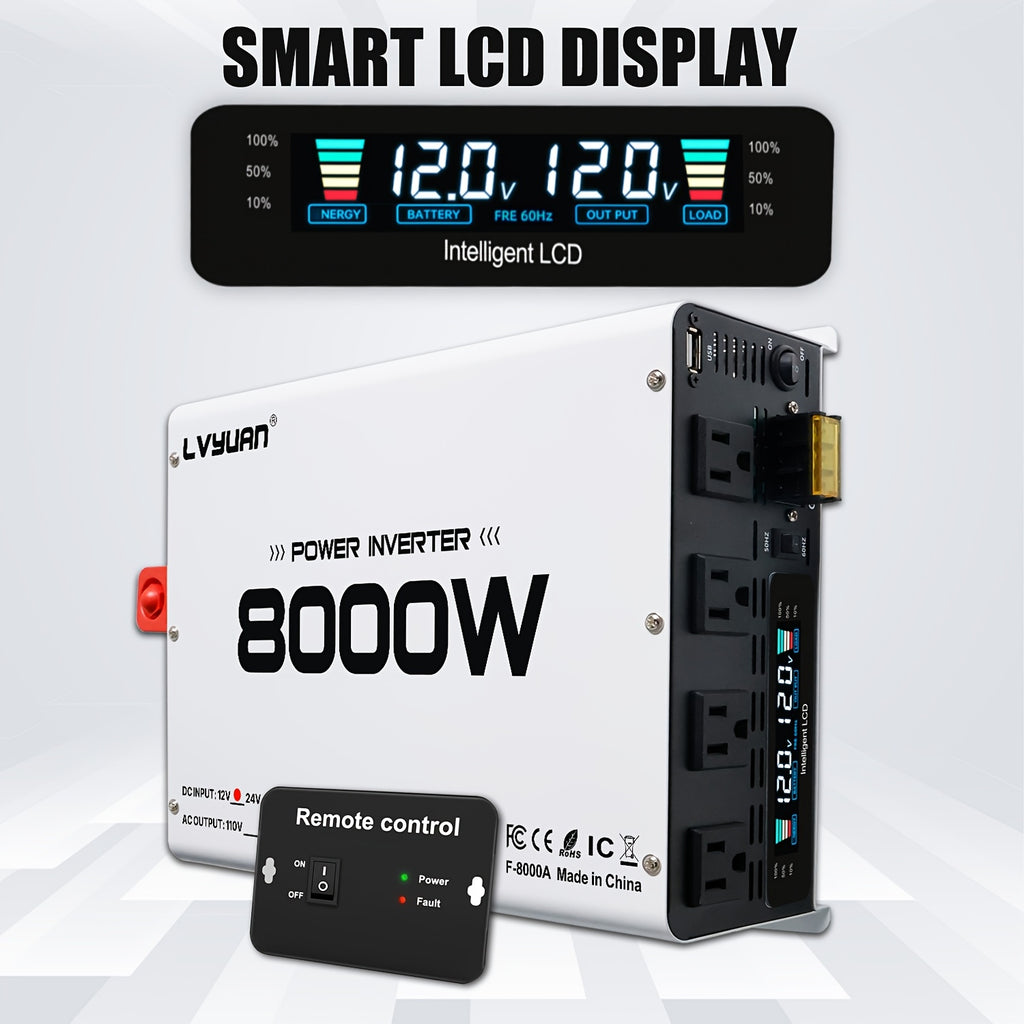 LVYUAN Power Inverter, 8000W (peak), 12V DC to 110V/120V AC Converter, Suitable for Homes, RVs, Boats, Off-grid Solar Systems, And Vehicles. Features USB Charging Ports, 4 AC Power Outlets, Dual USB Ports, An LCD Display, And A Remote Control.