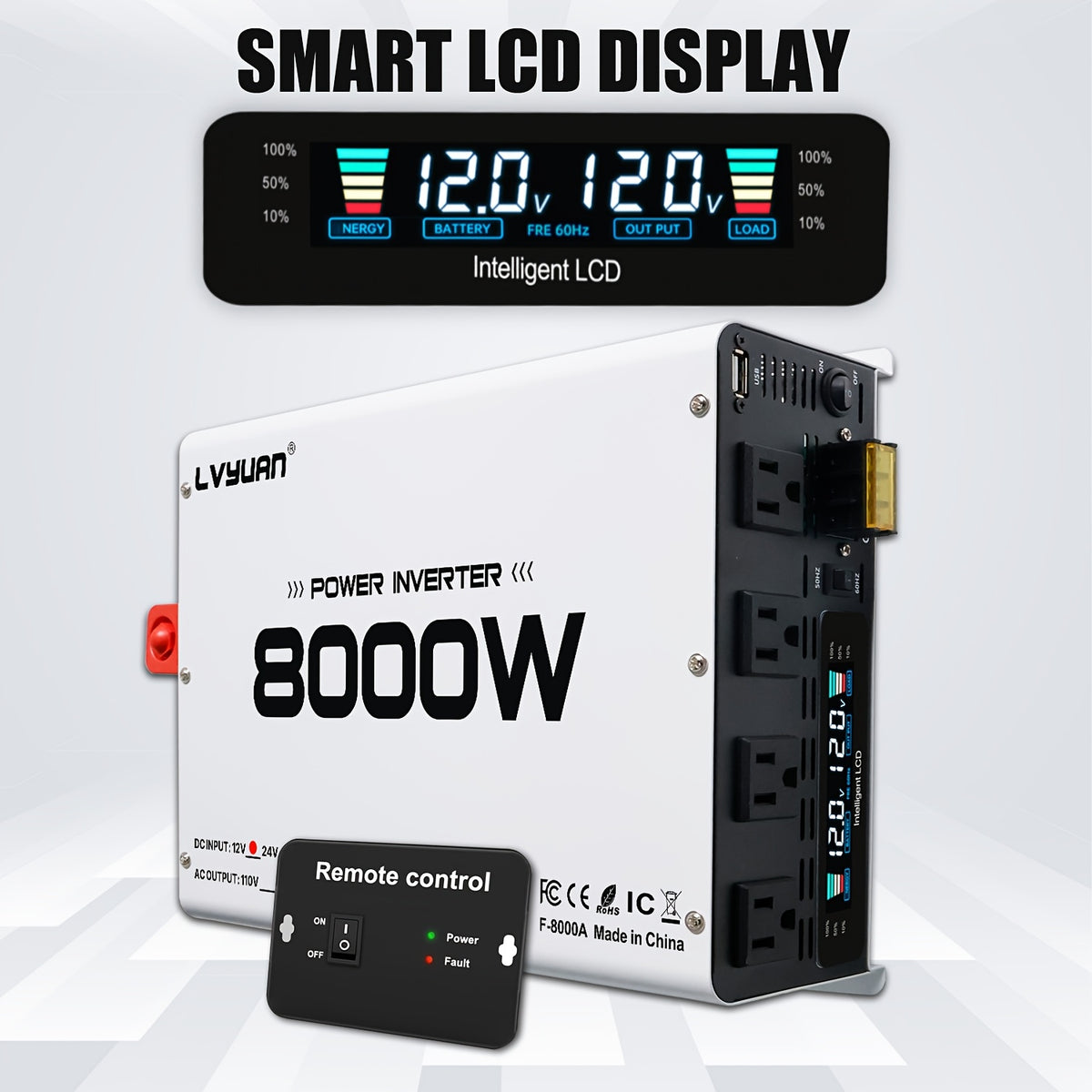 LVYUAN Power Inverter, 8000W (peak), 12V DC to 110V/120V AC Converter, Suitable for Homes, RVs, Boats, Off-grid Solar Systems, And Vehicles. Features USB Charging Ports, 4 AC Power Outlets, Dual USB Ports, An LCD Display, And A Remote Control.