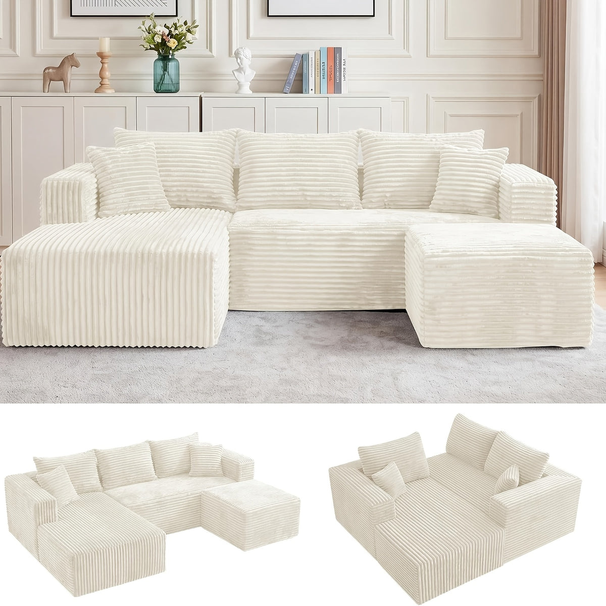 95 Inch L-Shaped Sectional Sofa, Fluffy Corduroy Cloud Sleeper Couch, Free Combination Boneless Sofa with Wide Chaise And Ultra-Deep Seating, Cozy Lounge Furniture for Apartment, Living Room, Easy Setup