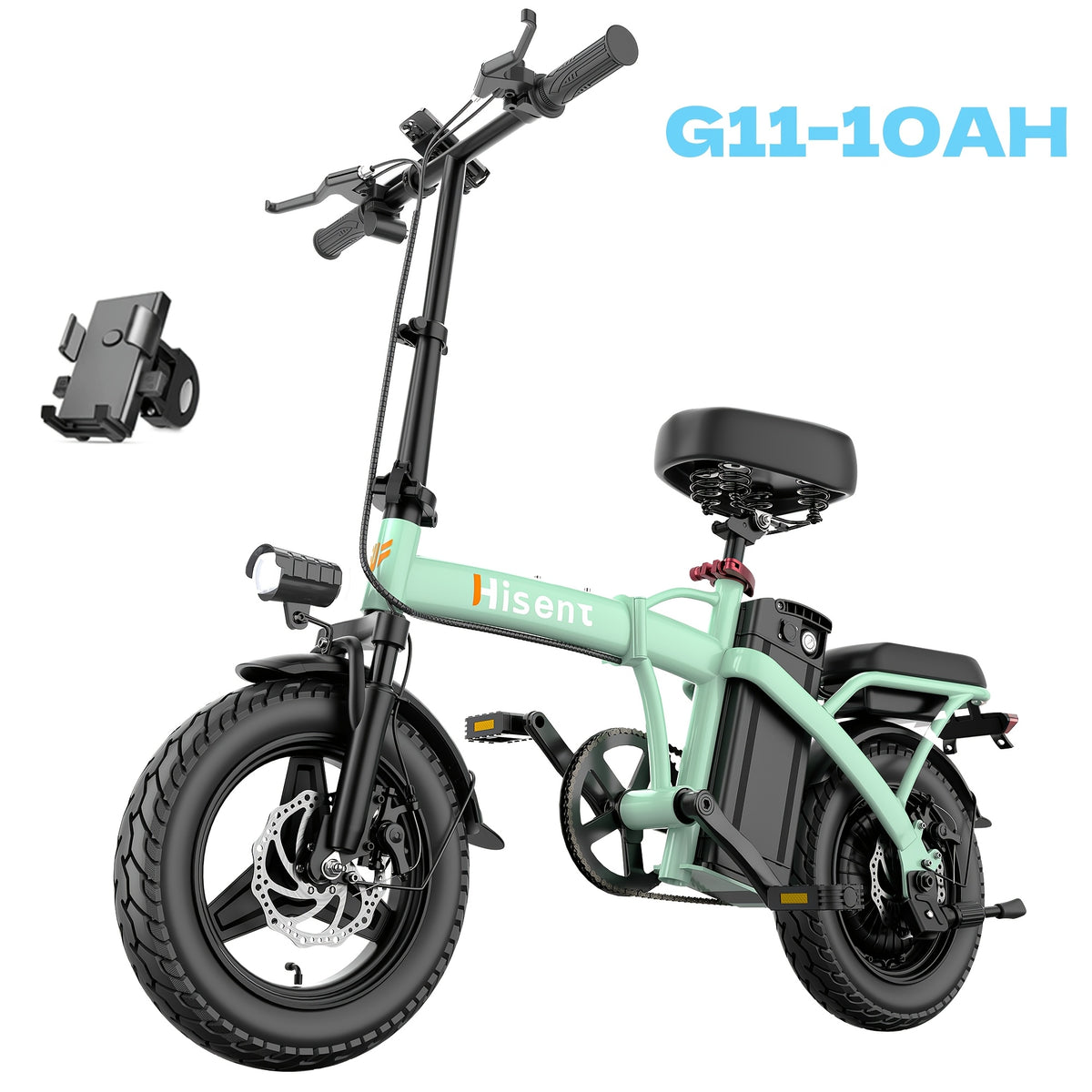 Hisent G11&F9 Folding Electric Bike | Dual Suspension System | Upgraded Frame | 12-35 Miles Range (Optional) | Features Dual Seat, LED Headlight, Disc Brakes, 14-Inch Tires, 500W High-Power Motor, Top Speed Of 19.9 Mph