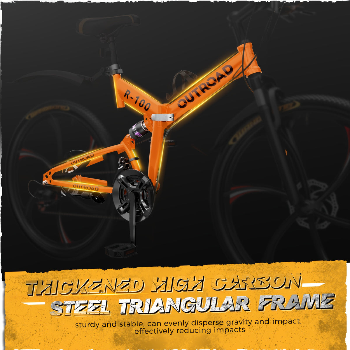 26 Inch Adult Folding Bikes/Mountain Bikes, 21 Speeds Mountain Bicycles with Full Suspension, Dual Disc Brake, High Carbon Steel Frame, Foldable Bike for Men/Women/Teen (Black&Orange)