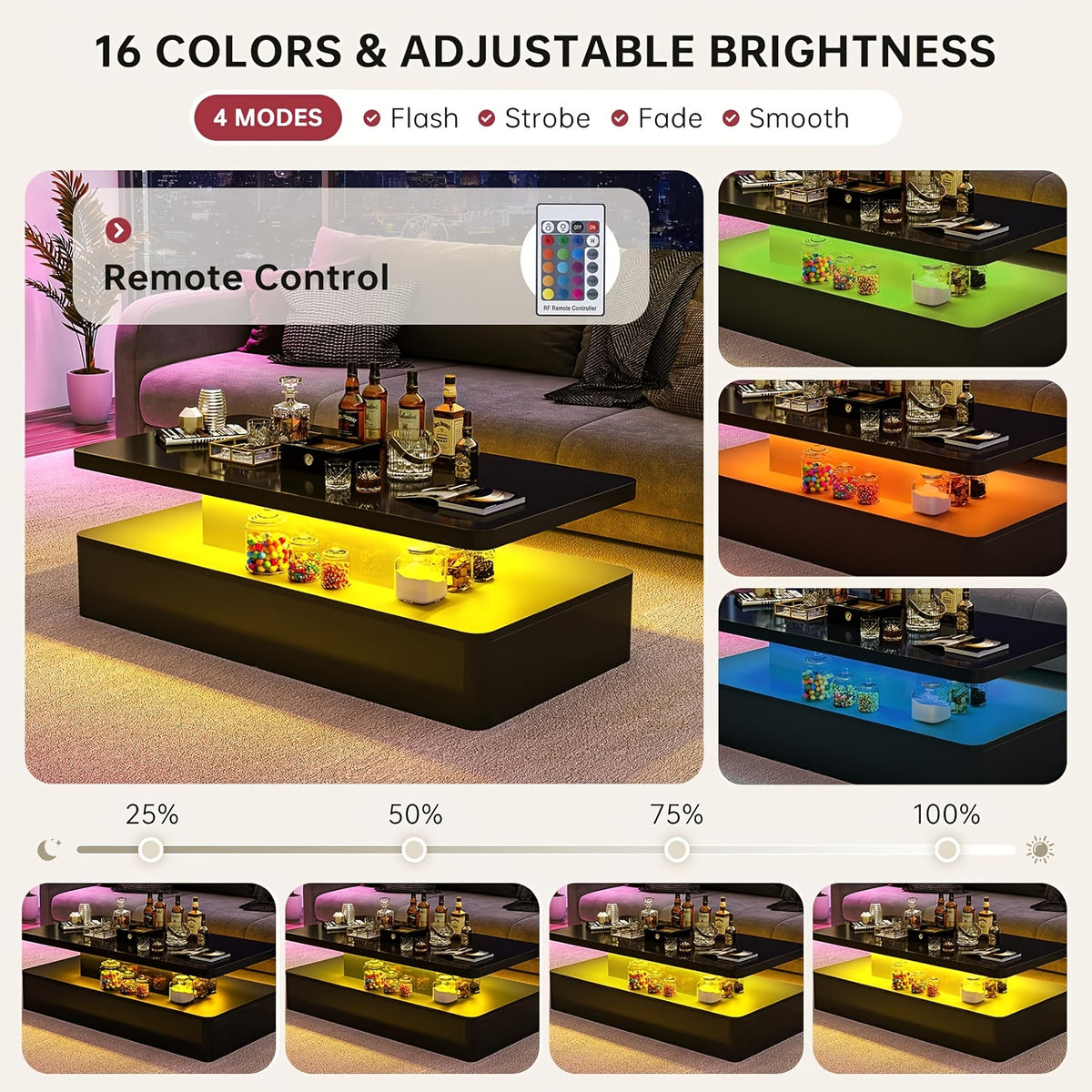 Modern LED Coffee Table for Living Rooms and Patios in Black or White with 16-Color Lighting