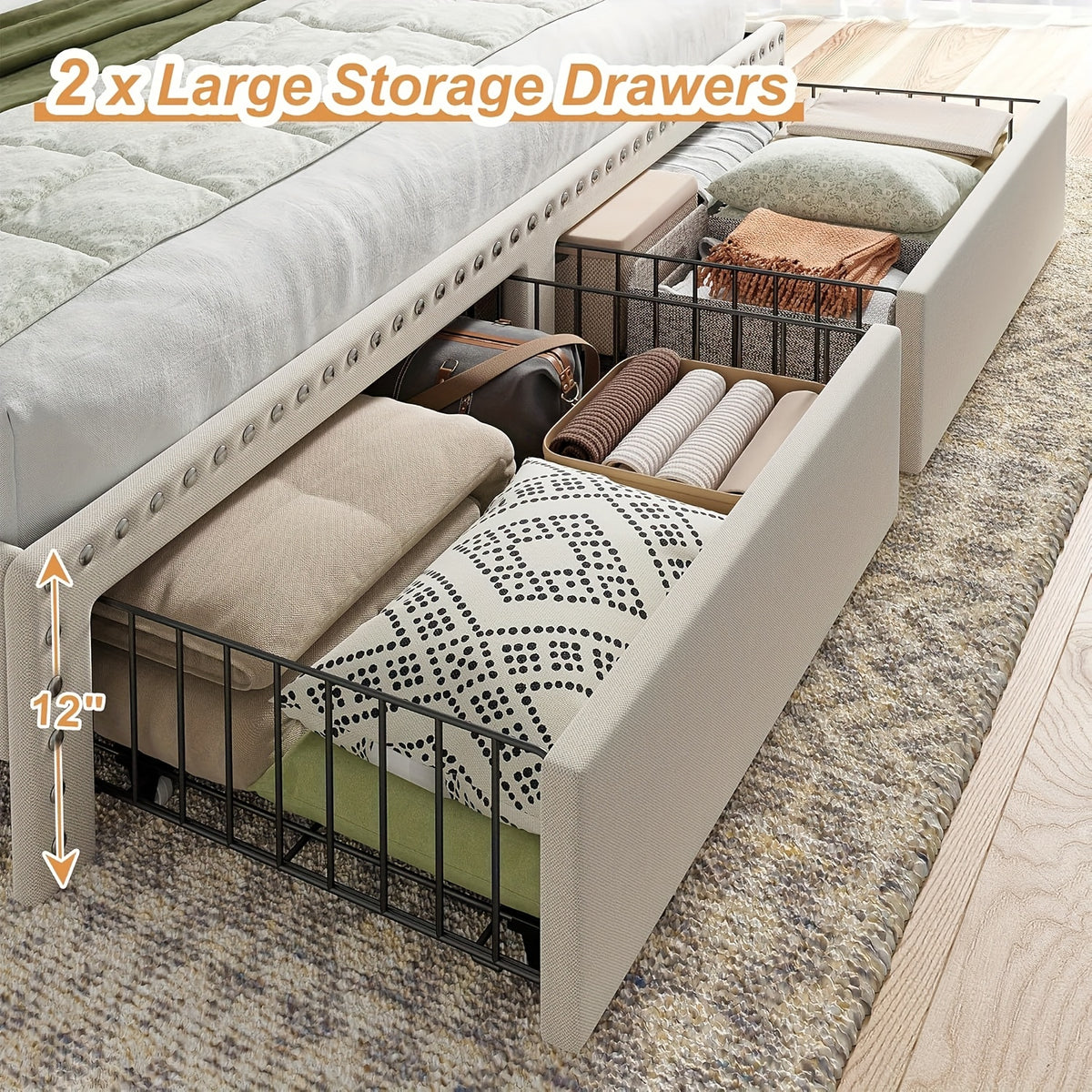Soft Upholstered Bed Frame with 2 Storage Drawers Full/Queen/King Size Low Profile Platform Bed Base, Heavy Duty 1000lbs Steel Frame, No Box Spring Needed for Apartments/Dorms | Easy Assembly (Gray/Beige)