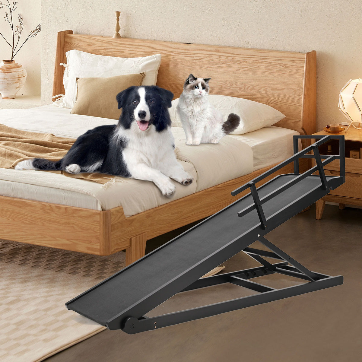 Dog Ramp, Adjustable Height Wooden Folding Pet Ramp for Bed, Couch,SUV-High Traction, Portable Paw Ramps for Small & Large Old Dogs & Cats - Furniture Quality