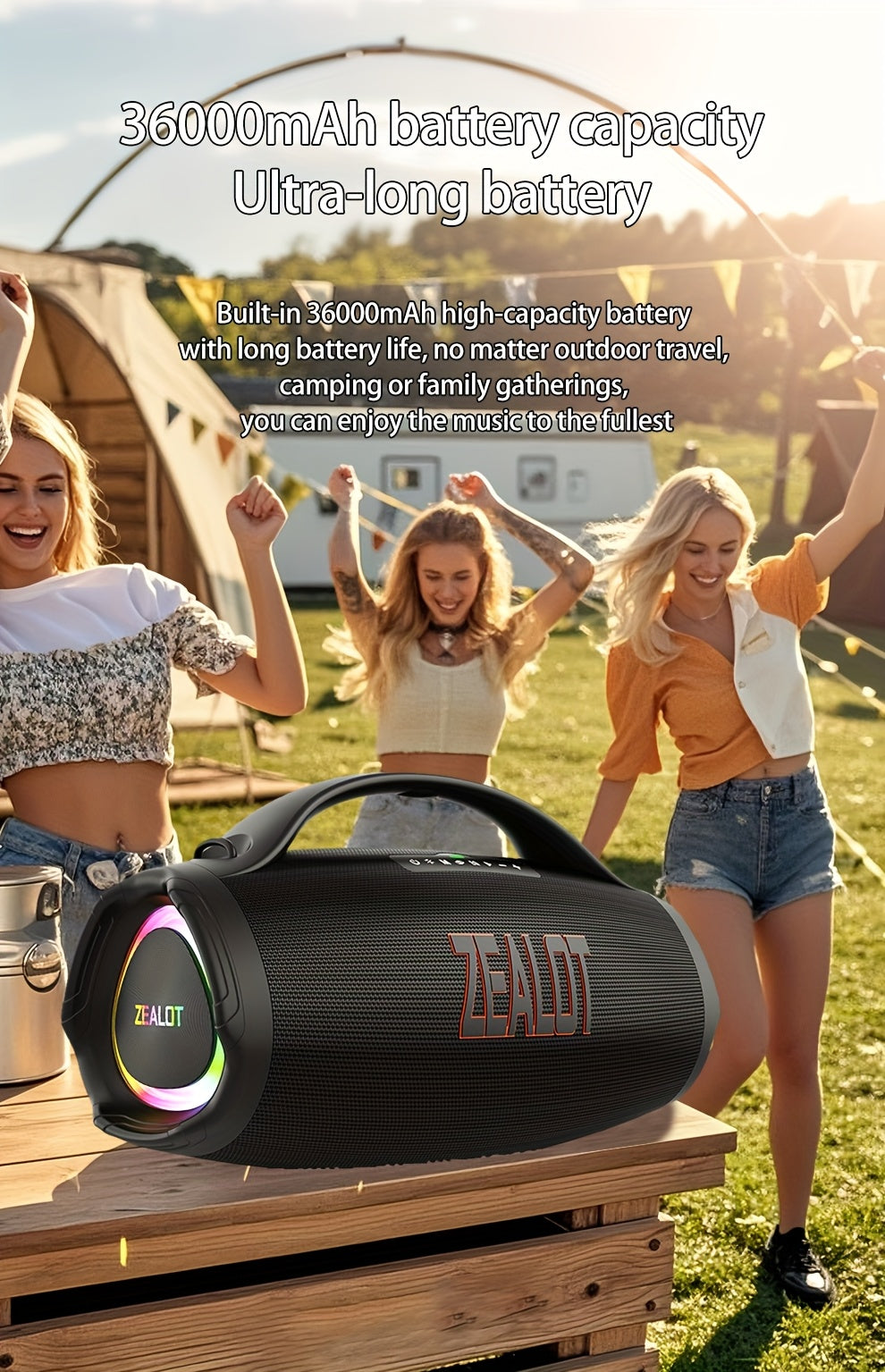 ZEALOT 160W Large Speaker, Wireless Speakers with Subwoofer, 60 Hours Playtime, 36000Mah Battery, Fast Charging, Water Resistance, Dual Pairing, Booming Bass. Charging Cable, Connect with Mobile Phone/Tv. for Home, Car, Outdoor, Camping