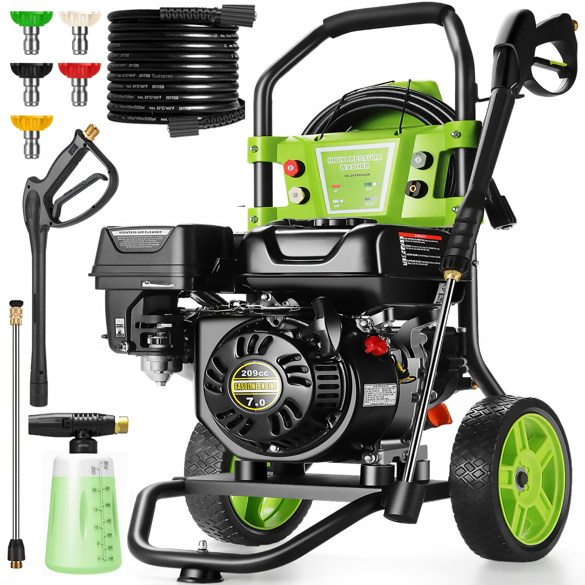 MAX 4400PSI 4GPM 209CC Commercial Gas Pressure Washer, 7.0 HP Professional Gas Power Washer with 5 Nozzles 25ft Hose 16.91oz Foam Bottle for Car Fence Driveway Yard (EPA/CARB/ETL Compliant)