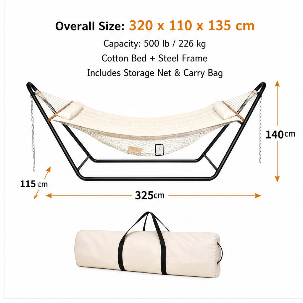 127.95 X 45.28 X 55.12inch Heavy Duty Hammock with Stand Set, 520Lb Weight Capacity, Double Layer Padded Cotton Bed (White/Gray) with Black Frame, Including Chain And Nylon Rope And Bottom Storage Net, Foldable for Yard Camping Porch