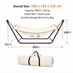 127.95 X 45.28 X 55.12inch Heavy Duty Hammock with Stand Set, 520Lb Weight Capacity, Double Layer Padded Cotton Bed (White/Gray) with Black Frame, Including Chain And Nylon Rope And Bottom Storage Net, Foldable for Yard Camping Porch