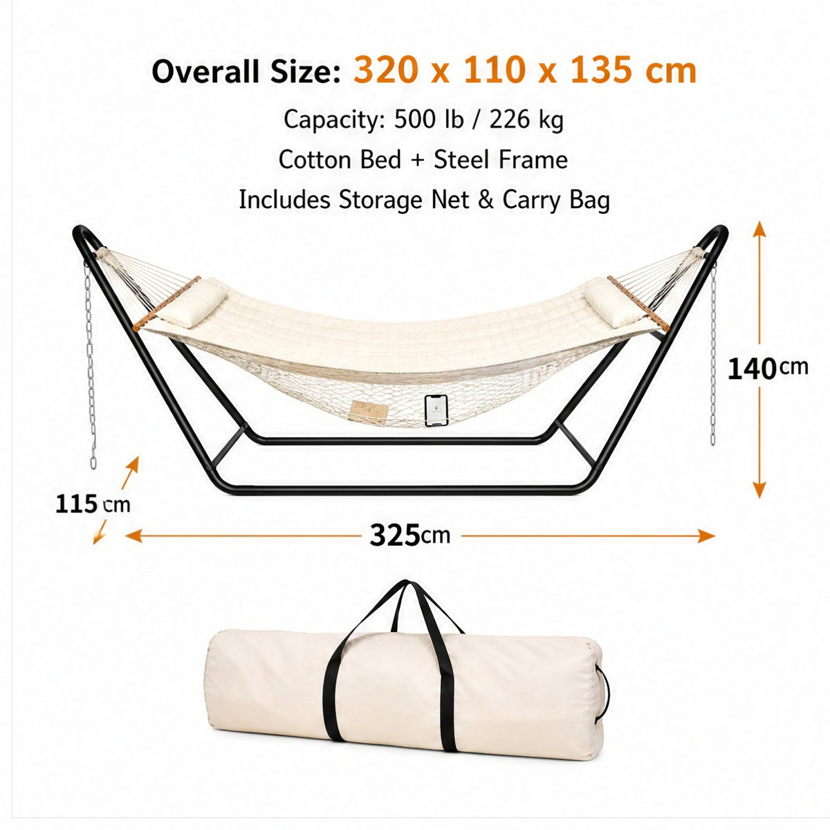 127.95 X 45.28 X 55.12inch Heavy Duty Hammock with Stand Set, 520Lb Weight Capacity, Double Layer Padded Cotton Bed (White/Gray) with Black Frame, Including Chain And Nylon Rope And Bottom Storage Net, Foldable for Yard Camping Porch