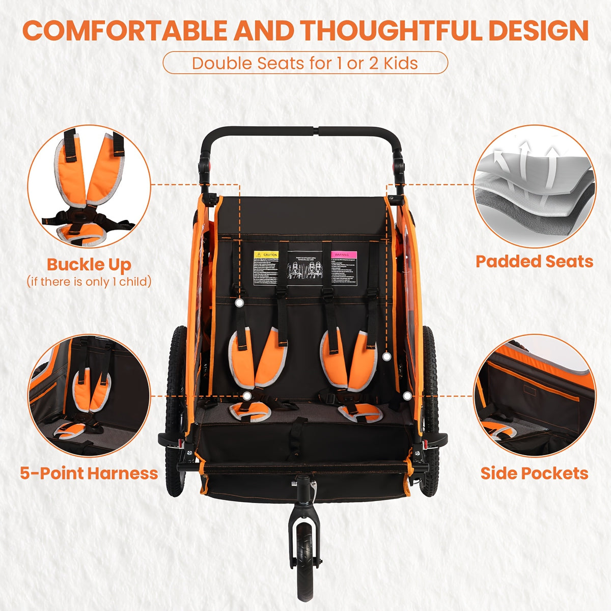 MOJAY Bike Trailer for Kids, 2 In1 Canopy Carrier Converts to Stroller, Suitable for 1 to 2 Toddlers, Kids, Quick Attach to Bike, Foldable, with 5-Point Harness And Storage Bags