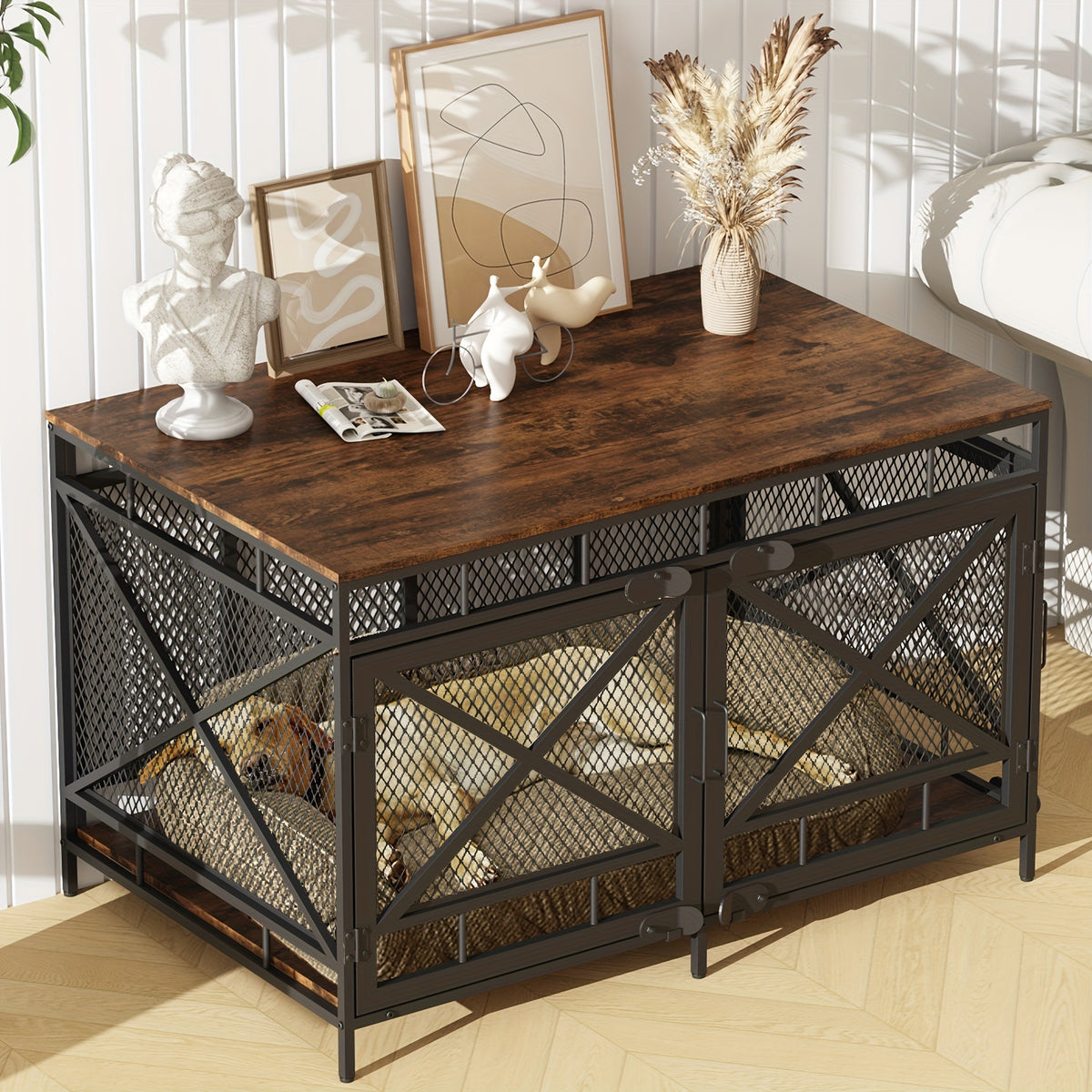 Dog Crate Furniture, Dog Kennel for Small Medium Large Breed, Heavy Duty 43" Large Corner Dog Crate, Indoor Pet Cage with Side Door