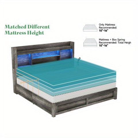 PAPABABE Bed Frame With 49.6 Inch Bookcase Headboard, 4 Drawers And 2 Detachable Storage Racks - Farmhouse Wood Bed Frame With RGB LED Lights And Charging Station, No Box Spring Needed
