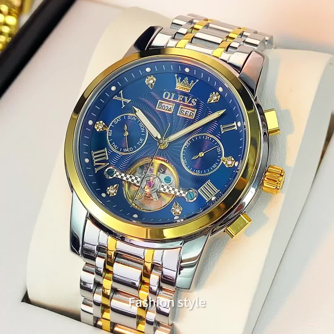 OLEVS Men's Mechanical Watch — Automatic Stainless Steel Wristwatch with Luminous Dual-Calendar Large Dial