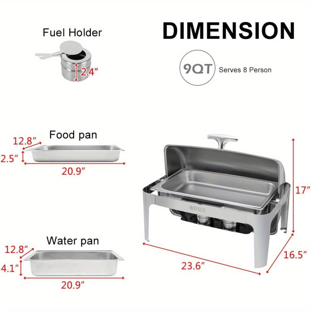 Chafing Dish Buffet Set, 9 Quart Roll Top Stainless Steel Chafer, NSF Rectangular Set with Food Pan, Water Pan and Fuel Holders, for Wedding, Parties, Banquet, Catering Events only for cooking