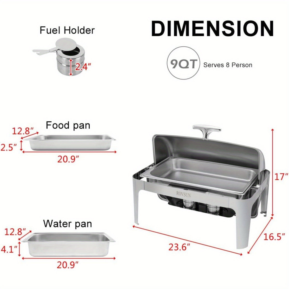 Chafing Dish Buffet Set, 9 Quart Roll Top Stainless Steel Chafer, NSF Rectangular Set with Food Pan, Water Pan and Fuel Holders, for Wedding, Parties, Banquet, Catering Events only for cooking