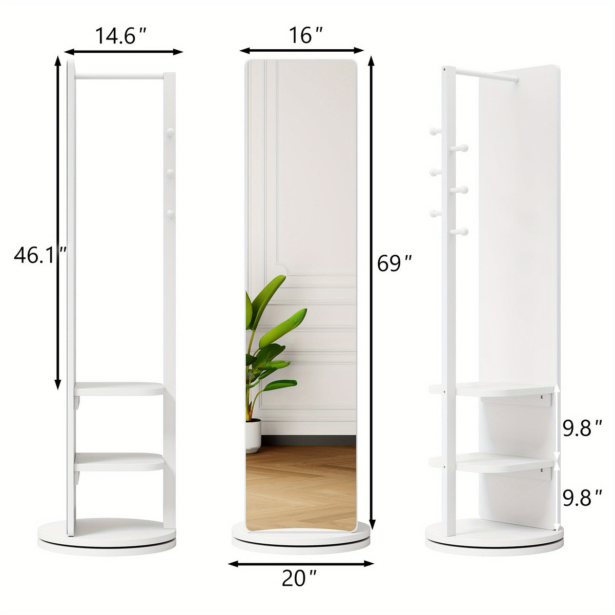 Full Length Floor Mirror with 360° Rotating Coat Rack and Shelves for Bedroom or Entryway Storage