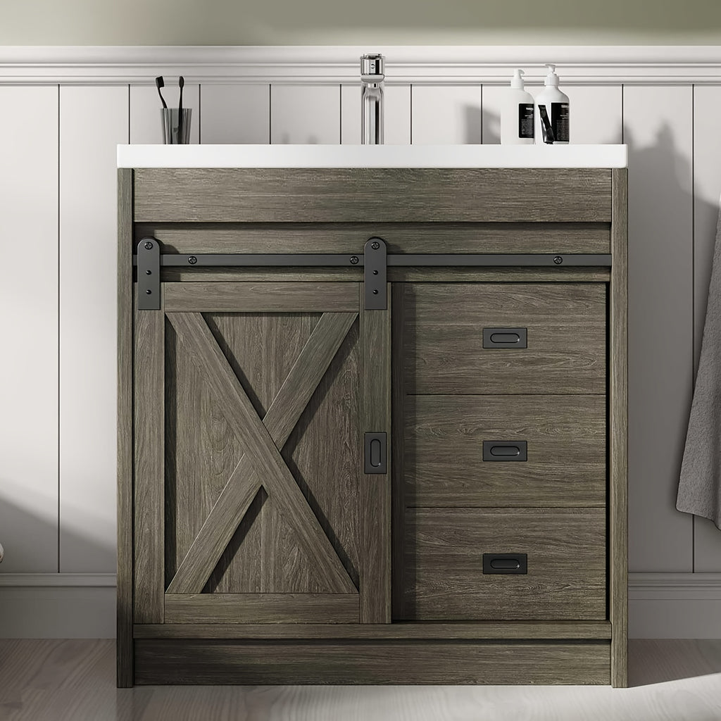 [Farmhouse Vanity With Sink] 31-Inch Farmhouse Style Bathroom Vanity With Ceramic Sink, Wall-Mounted Bathroom Sink Cabinet, With 2 Drawers And Sliding Barn Door, Modern Bathroom Vanity, With Metal Handles, Brown/Gray/Gray-White/White
