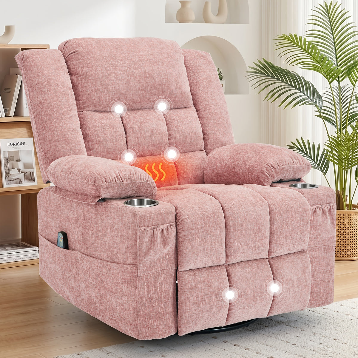 Personal Care Home Massage Chair, 360° Rotation Of Massage Heating Function Comfortable Recliner Chair, Manual Adjustable Angle Leisure Rocking Chair, Massage Sofa Chair with Side Pockets And Front Pockets, with Built-in Cup Holders And Thickened