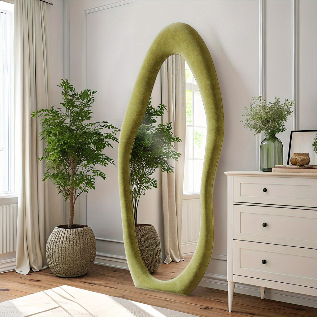 63 X 24 Inches Full Length Mirror Irregular Full Body Wall Mounted Floor Mirror with Stand Ivory Flannel Frame Leaning Hanging Wall Mirror for Bedroom Entrance