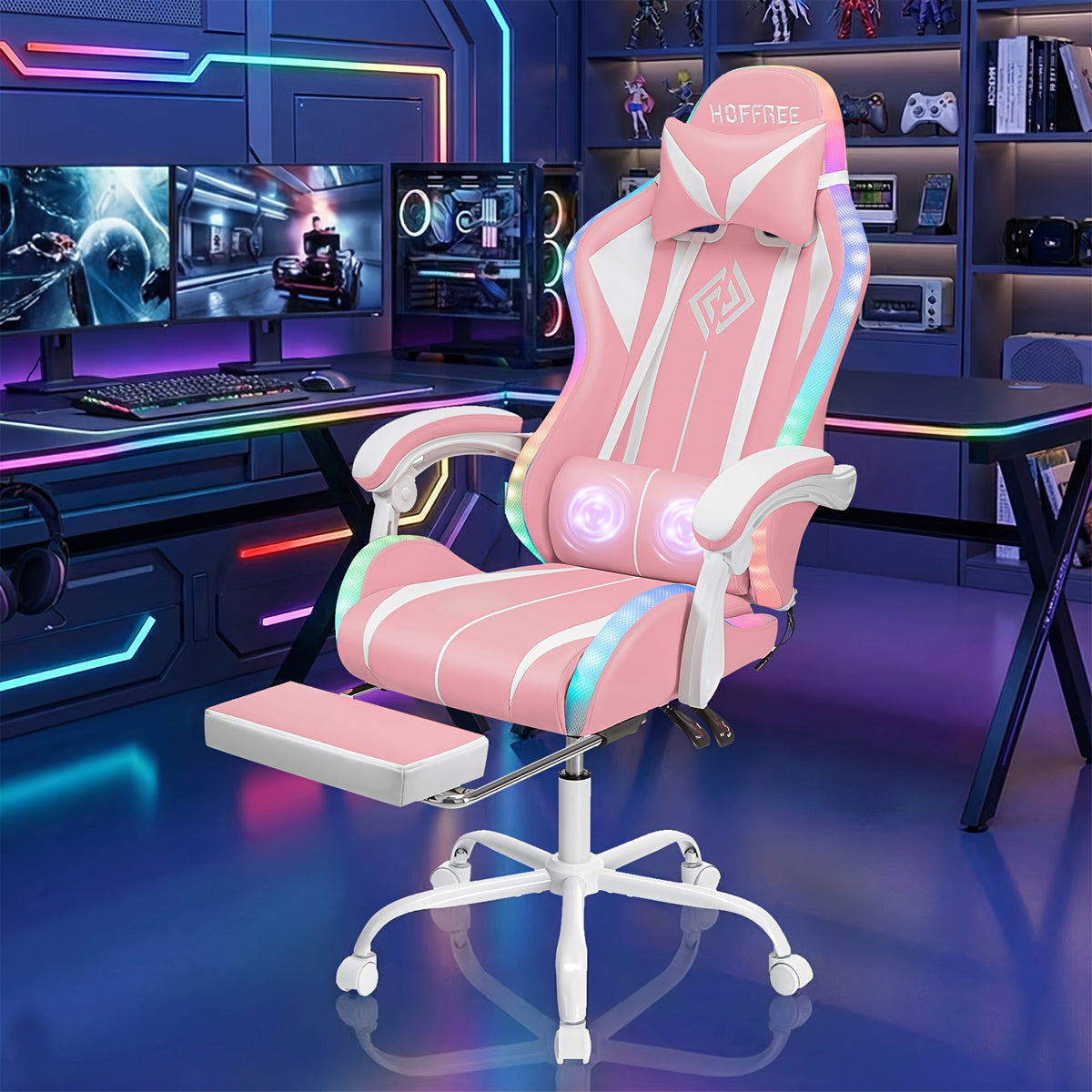 RGB Gaming Chair with LED Lights And Massage Ergonomic Computer Chair High Back Video Game Chair with Footrest And Adjustable Lumbar Support Linkage Armrest