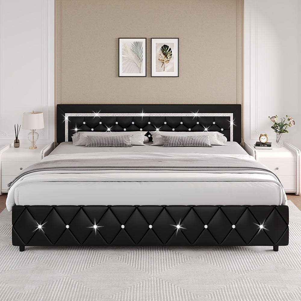 HOMBCK Twin Full Queen King Bed Frame, Padded Platform Bed with Button Tufting Headboard, Princess Platform Bed with Diamond Design, Halloween Decoration, Wooden Strip Support, No Spring Box Needed, Easy to Assemble, Pink/White/Black/Beige