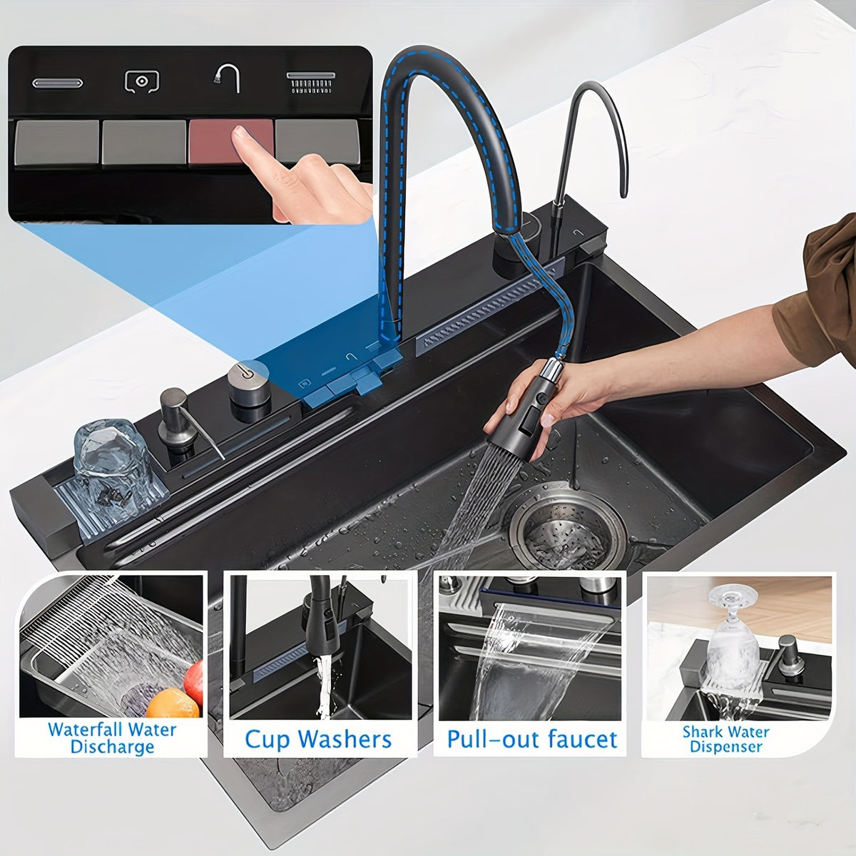 Smart Waterfall Kitchen Sink, 31.5"x17.7" Drop In Stainless Steel | Digital Display, Large Single Bowl, Workstation, Pull-Out Faucet, Multi-Function Spray, Lead-Free, Rust-Proof, Easy Clean