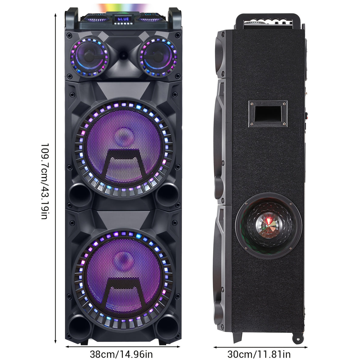 Portable Wireless Speaker with Dual 12-Inch Woofers and LED Party Lights for Gatherings and Stage Monitoring