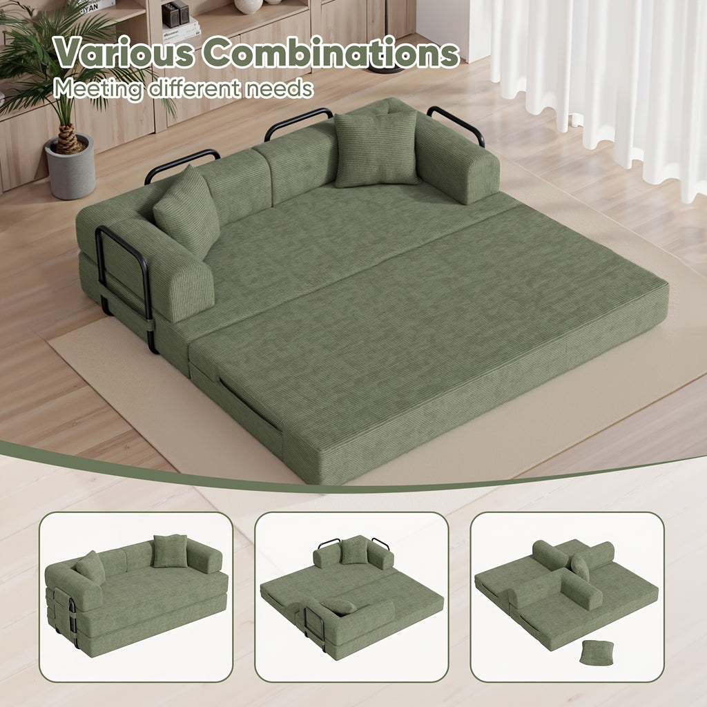 81"Convertible Floor Sleeper Sofa Bed - 3-Person Space-Saving Love Seat with Pull-Out Bed, Corduroy Boneless Compression Memory Foam, Comfy Lounge Couch for Living Room, Bedroom, Apartment, Office, No Assembly Required