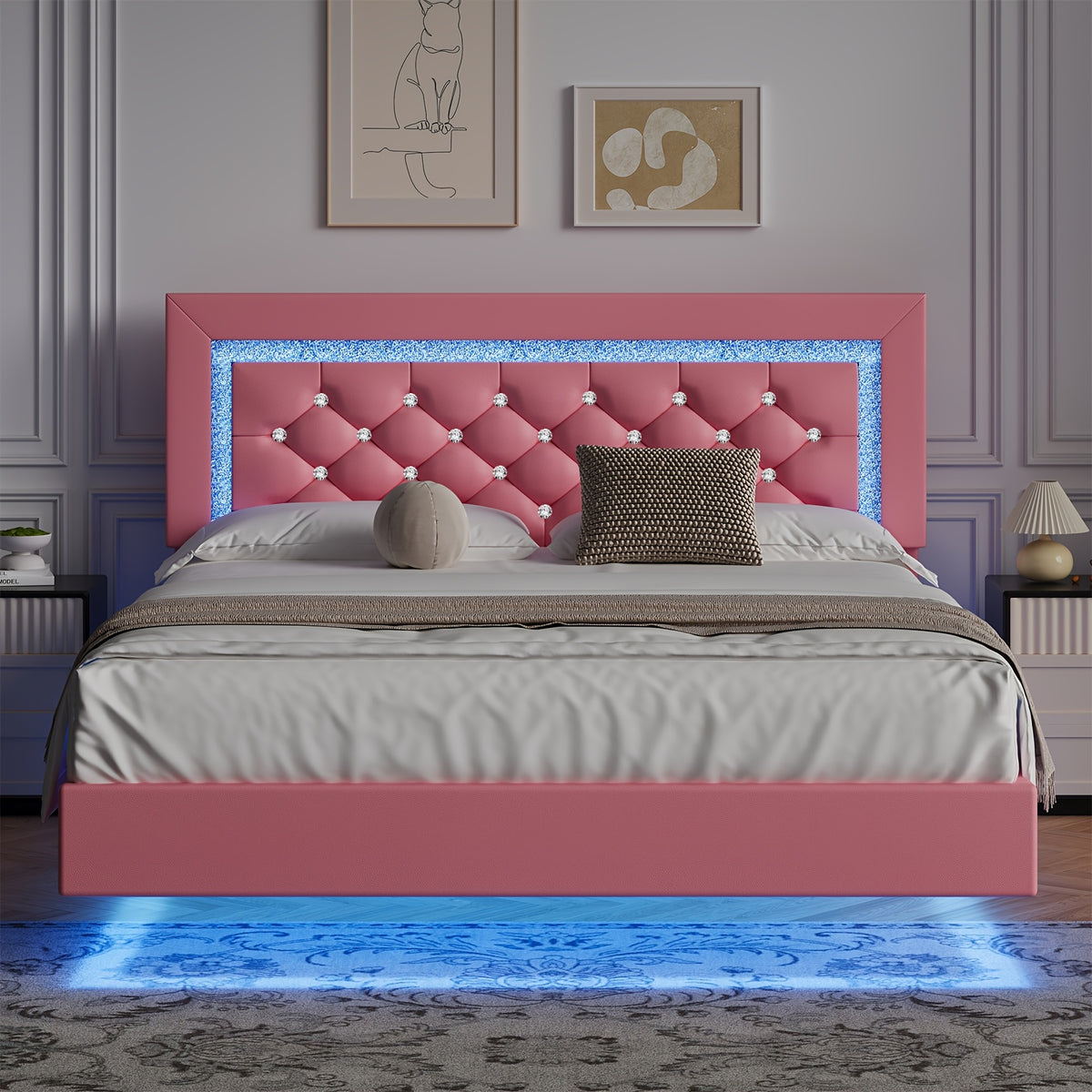 Twin Full Queen King Size Floating Black/White/Pink Bed Frame with LED Lights, Platform Bed with Diamond Tufted Headboard, Wood Bed Frame, Bed Frame Queen Size No Box Spring Needed, Noise Free, Easy Assembly, Black/White/Pink