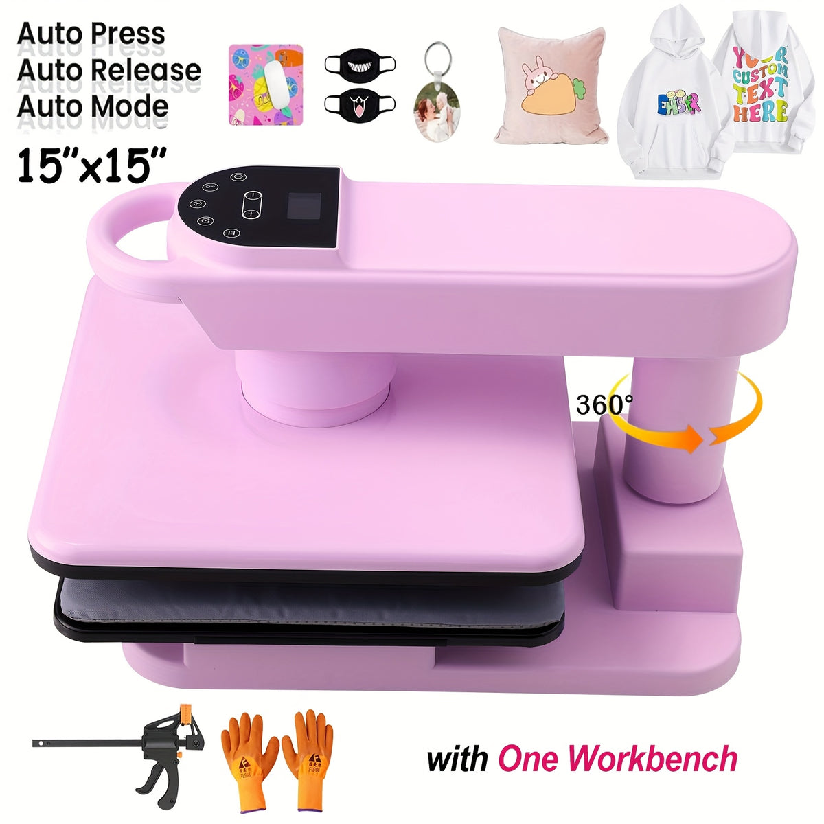15X15" Car Heat Press Machine for T-Shirts, Large Digital Control Heat Transfer Machine for T-Shirts, 360° Swing Away Heat Press with Auto Release, Fast