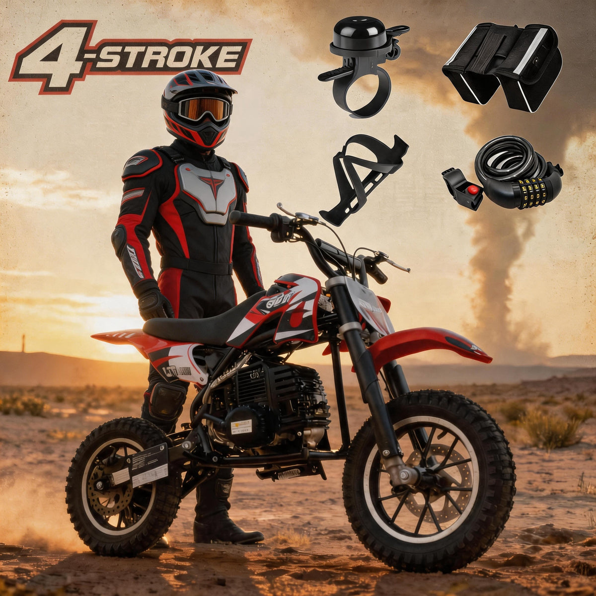 39cc gas powered mini bike, 4-stroke engine motorcycle with a maximum speed of 20 miles per hour, compact off-road bike, durable metal frame, easy to start drawstring system, small energy-saving motorcycle suitable for outdoor exploration, front and rear