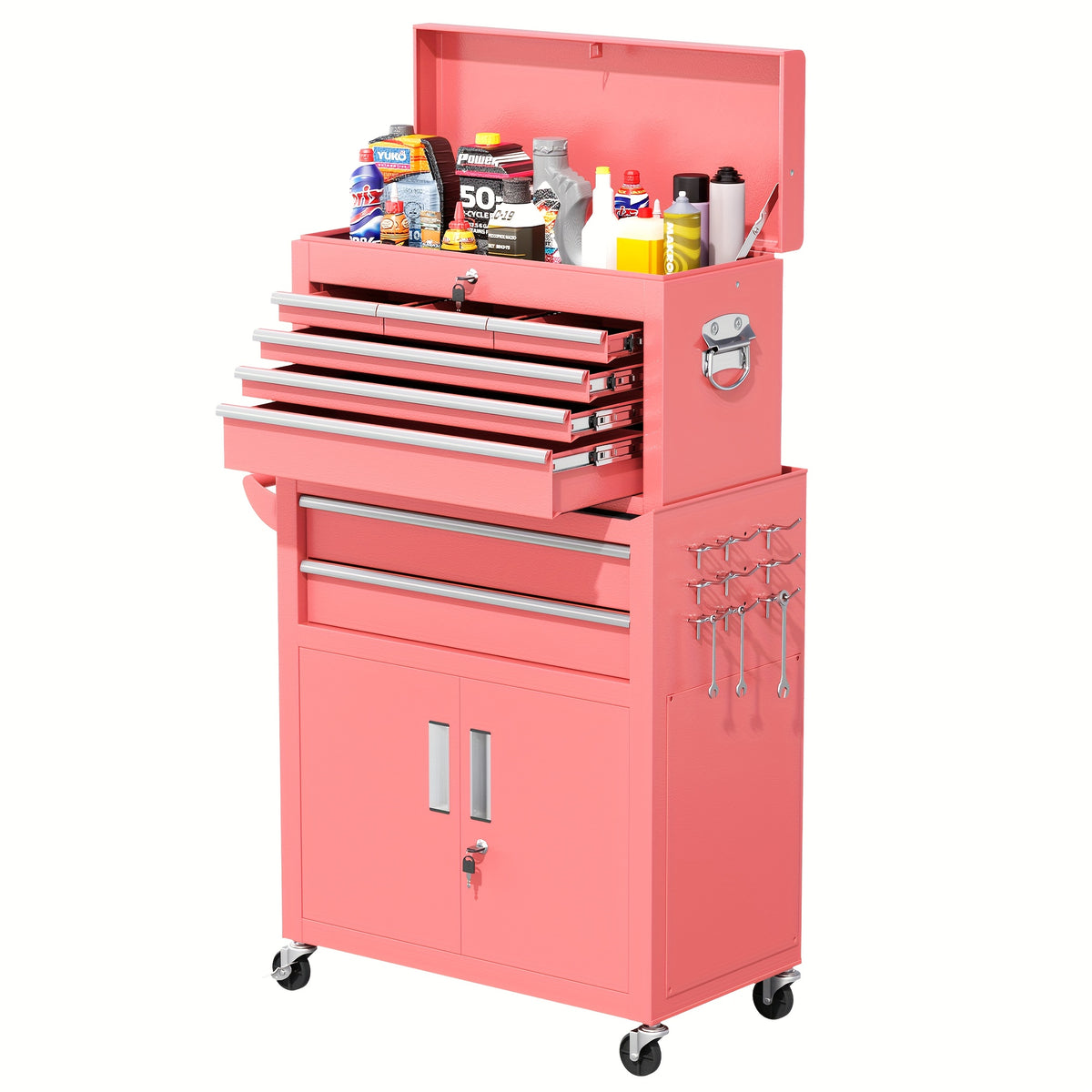 5/8-Drawer Rolling Tool Box, 2-IN-1 Tool Chest On Wheels, Tool Storage Cabinet And Organization For Garage Workshop Warehouse, Lab, Purple/ Pink Tool Box