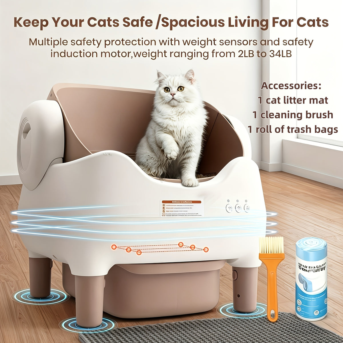Large Smart Self-Cleaning Cat Litter Box, App-Controlled Automatic Cleaner with 3.43Gal Big Capacity, 2.4G Wifi Cat Litter Box with Odor Removal, 14-Day Hands Free Scoopless Care, Auto-Scoop, Ideal for Busy Pet Owners, 1 Brush, Trash Bags And 1 Mat