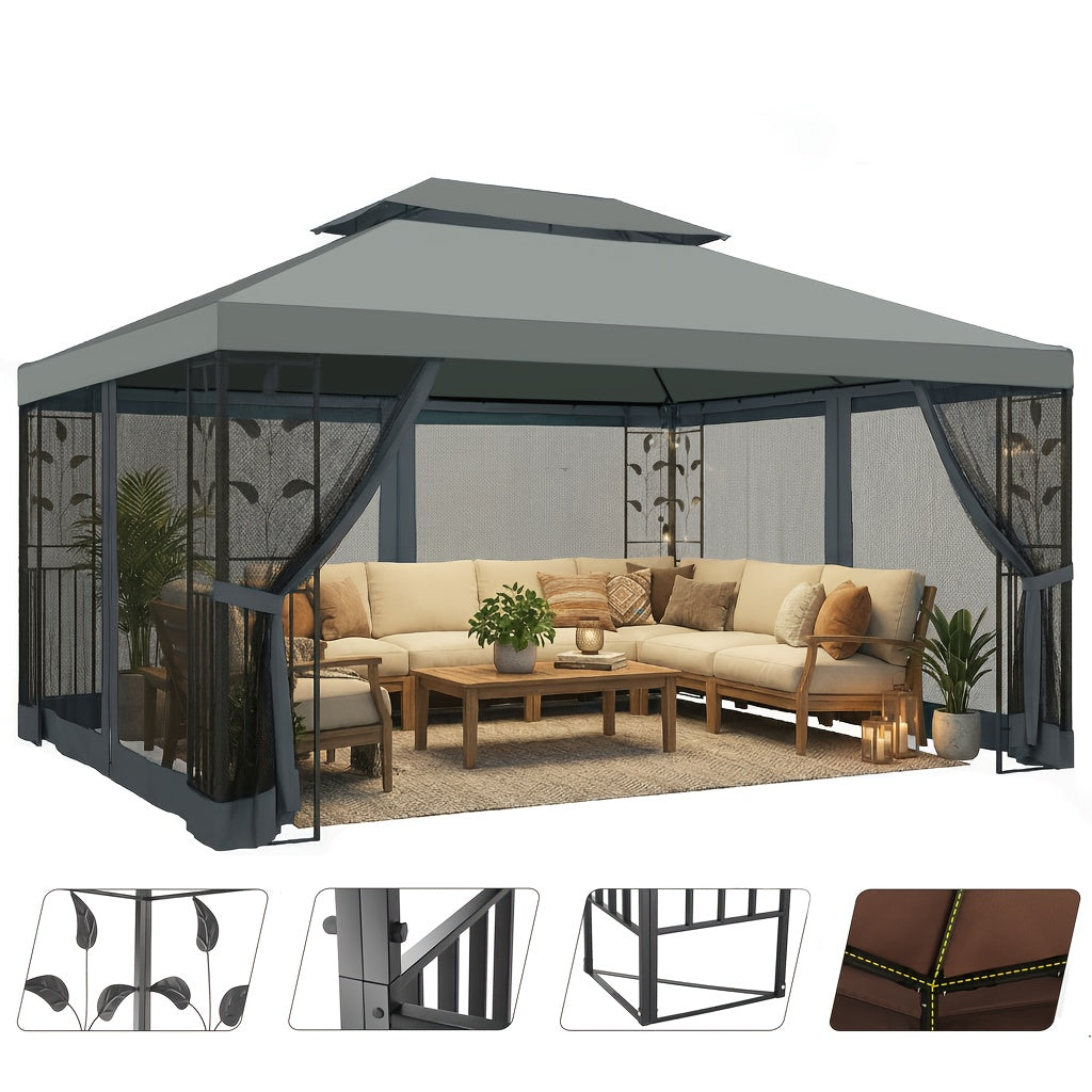 10×13ft Wedding Party Canopy, Outdoor Folding Gazebo, With 4 Detachable Mosquito Net Walls, With Ground Stakes, Easy Set Up, Sun Protection, Double Roof Design, Suitable For Garden, Courtyard, Outdoor, Villa, Terrace, Deck, Birthday Gift, Game Tent