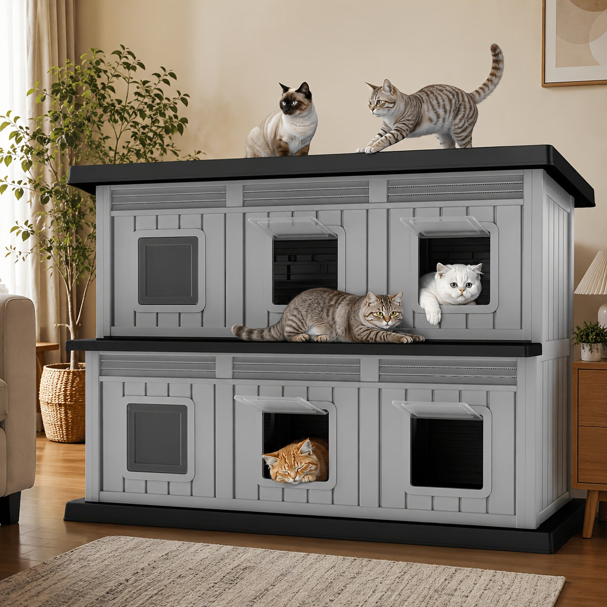[For Indoor/Outdoor] Large -Weather Resin Outdoor Cat House - Double-Decker Suitable for Cats with Multi-Level Shelter, Assembly Indoor/Outdoor Use, Weatherproof for,, Balcony - Large Space Cat Shelter for Multiple Cats