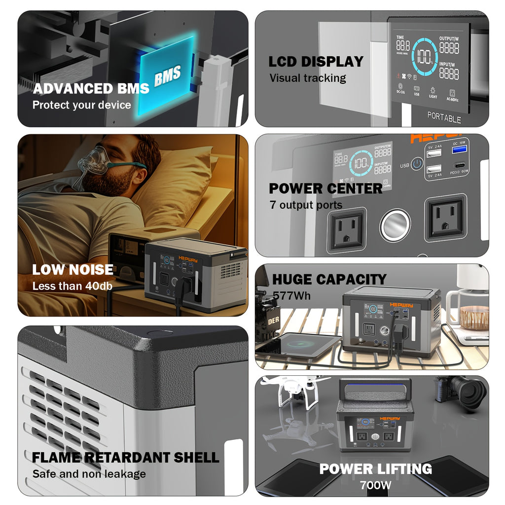 2400W Peak Solar Generator, Portable Power Station 700W 577Wh Backup Battery Pure Sine Wave with 120V AC Output Car Outlets PD 60W QC3.0, Refrigerator Mode Power Supply Bank for Camping, RVs, Blackout, CPAP, Black Friday, Thanksgiving, Christmas