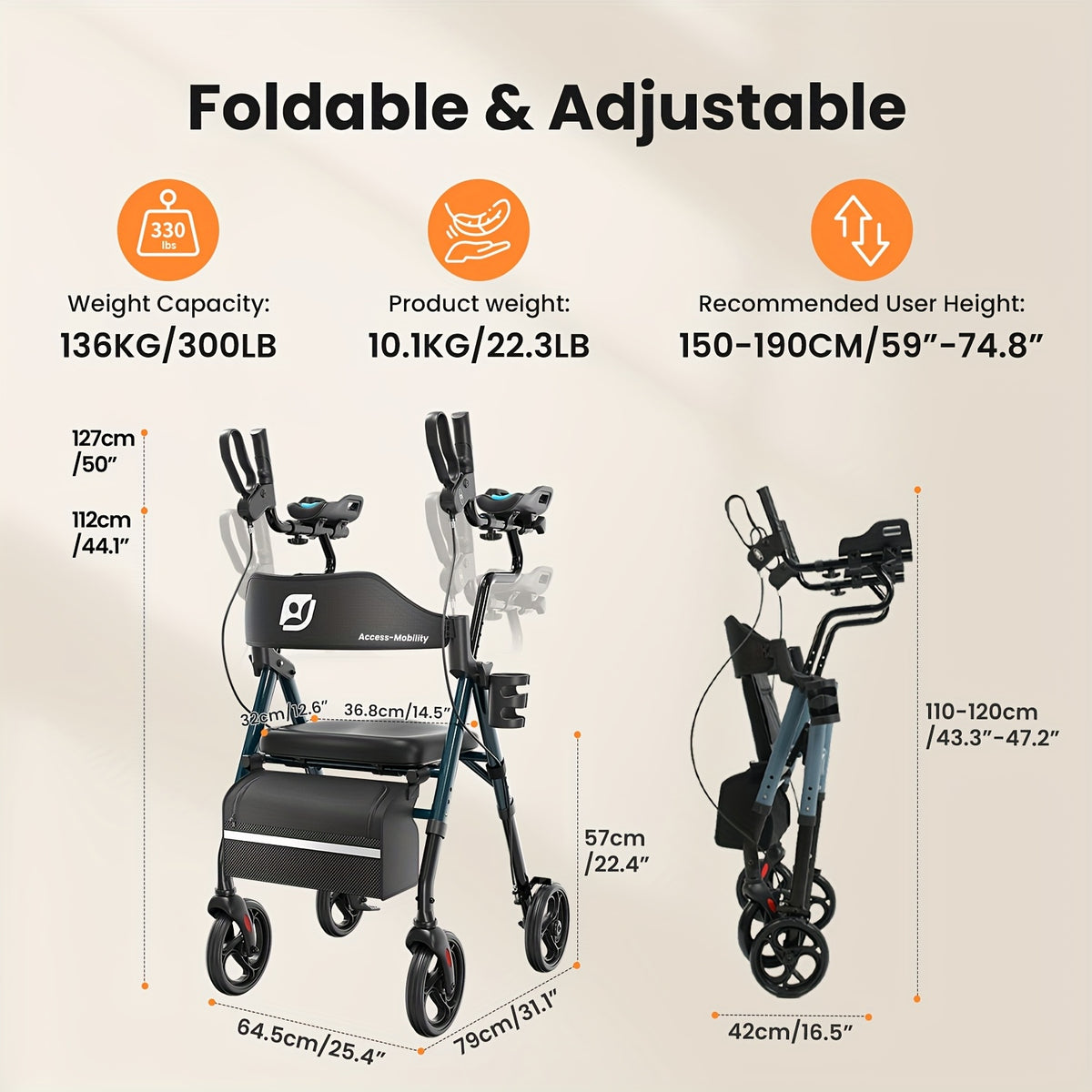 Maidesite Upright Walker, Stand Up Rollator Walker with Padded Seat And Backrest, Walkers for Seniors, Foldable Walker with Seat, Compact Folding, Fully Adjustment Frame for Seniors, 8" Big Wheels for All Terrain, Ergonomic Seat And Backrest, NEW