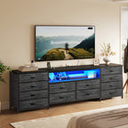 [12pcs] 63" Smart TV Stand With LED Lights & Power Outlets, For TVs Up To 75", 12-Drawer Fabric Dresser, Entertainment Center For Living Room, Bedroom, Hallway, Brown