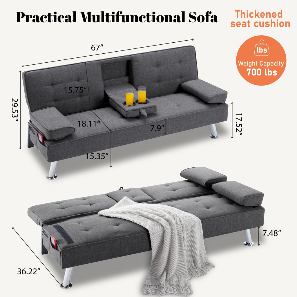 67" Convertible Futon Sofa Bed, 2 Thickness Seat Cushion, Adjustable Folding Couch with Detachable Armrest & Cup Holders, Heavy Duty 700 LBS Metal Frame, Multifunctional Sleeper Sofa for Living Room Bedroom Apartment Dorm